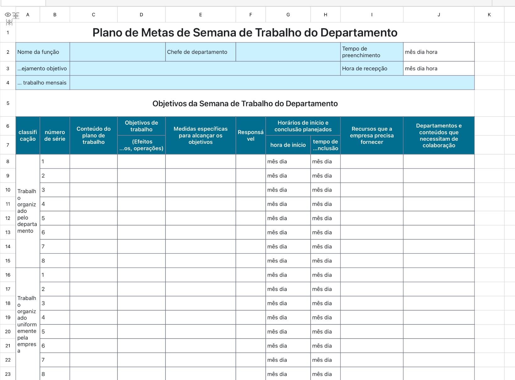 Plano de Metas de Semana de Trabalho do Departamento